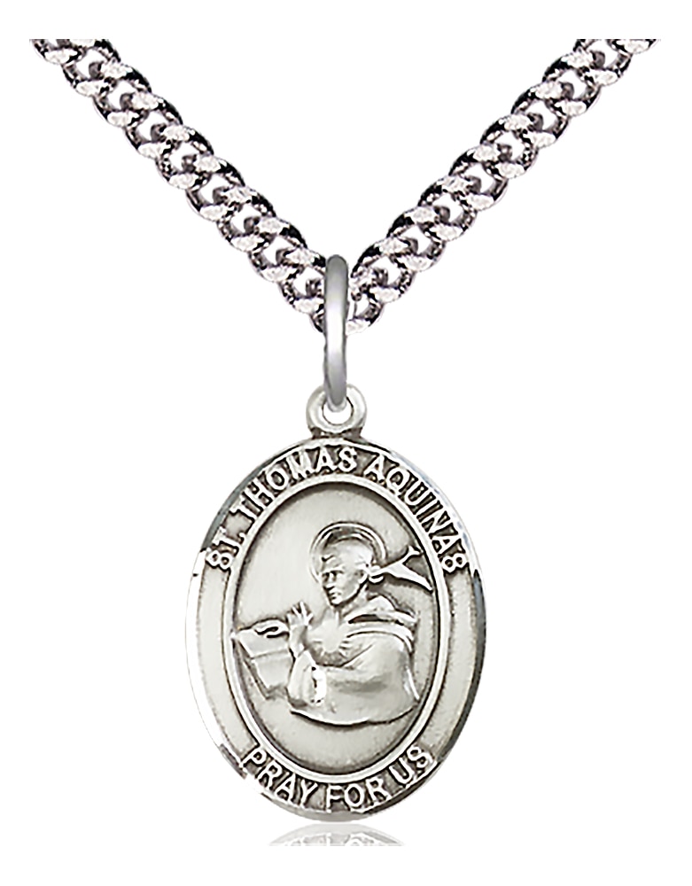 Sterling Silver Saint Thomas Aquinas Pendant on an 18-inch Light Rhodium Heavy Curb Chain.  Handmade in the USA