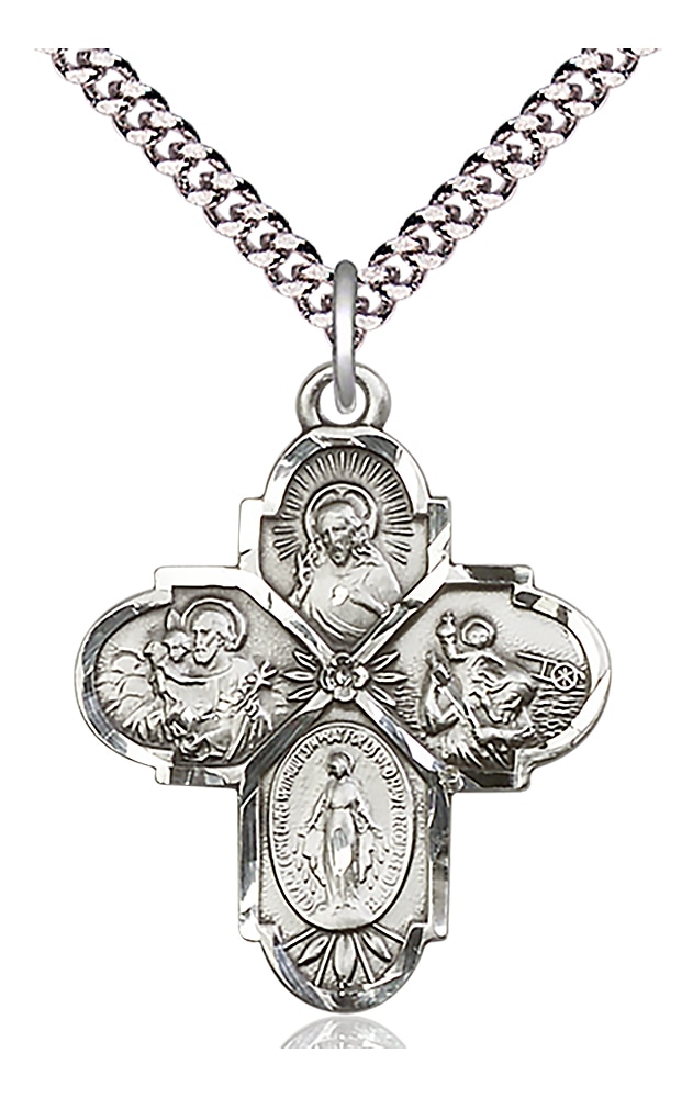 Sterling Silver 4-Way Pendant on an 24-inch Light Rhodium Heavy Curb Chain.  Handmade in the USA