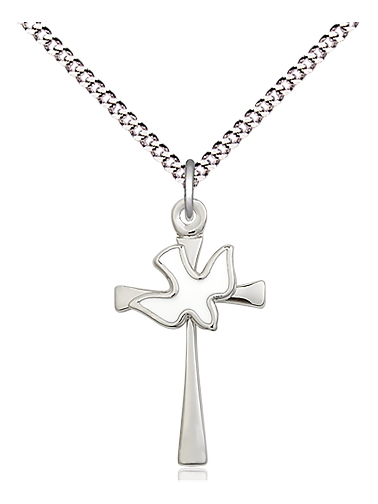 Cross / Holy Spirit Medal with White Epoxy.  Medal Measures 7/8-inch tall by 1/2-inch wide  Chain is 18 Inches in length Light Rhodium Light Curb Chain with Lobster Claw Clasp  Hand-Epoxied in White Handmade in the USA
