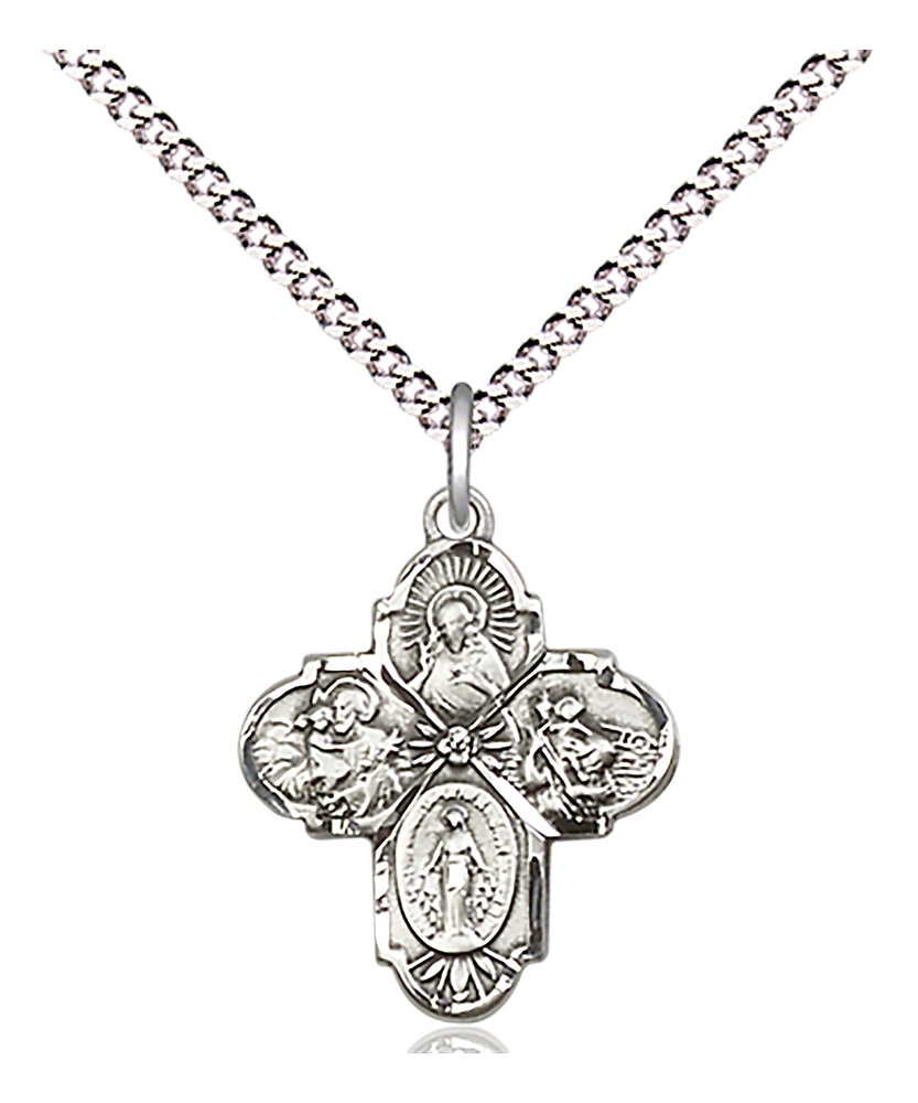 4-Way Medal  The 4-Way Medal features Scapular on the top, Saint Joseph on the right, Miraculous at the bottom and Saint Christopher on the left  Medal Measures 3/4-inch tall by 5/8-inch wide  Chain is 18 Inches in length Light Rhodium Light Curb Cha