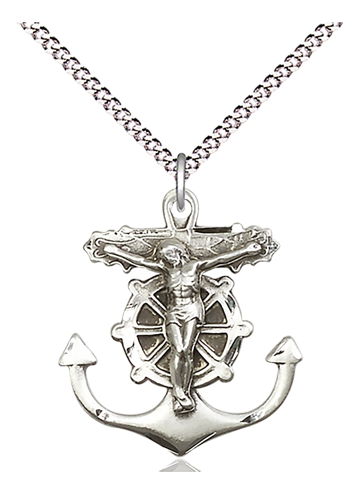 Anchor Crucifix Medal  Medal Measures 1-inch tall by 7/8-inch wide  Chain is 18 Inches in length Light Rhodium Light Curb Chain with Lobster Claw Clasp Handmade in the USA