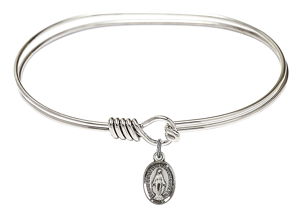 The bracelet is a Rhodium 7 inch Oval Eye Hook Bangle Bracelet  The charm is a Sterling Silver Miraculous  The charm measures 1/4-inch tall and 1/2-inch wide Handmade in the USA