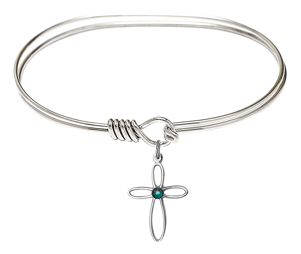 The bracelet is a Rhodium 7 inch Oval Eye Hook Bangle Bracelet  The charm is a Sterling Silver Loop Cross and features a Dark Green stone  The charm measures 1/2-inch tall and 3/4-inch wide Handmade in the USA