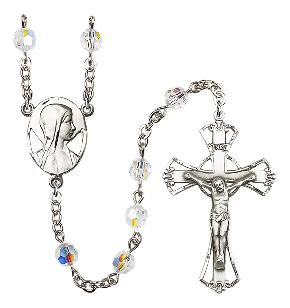 Rosary is Silver-Plated with 6mm Austrian Crystal beads with aurora borealis (prism-like effect)   Crucifix is 1 3/4-inch tall and 1 1/8-inch wide   Madonna Mary centerpiece is 7/8-inch tall and 5/8-inch wide Handmade in the USA
