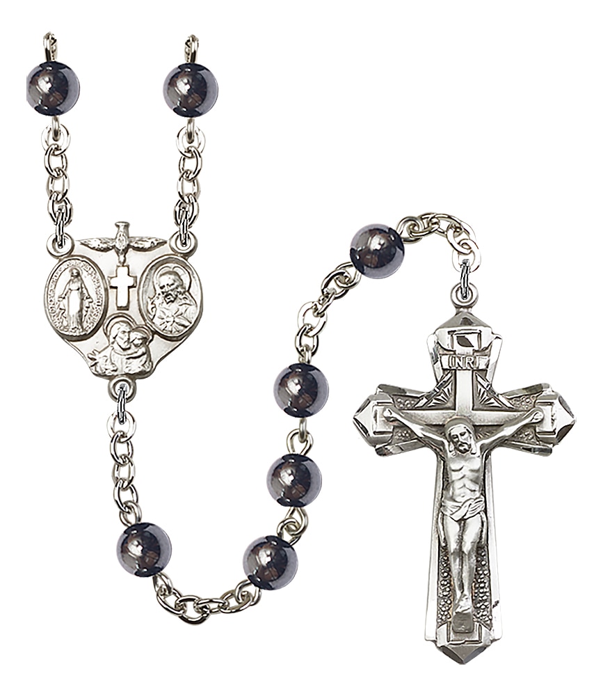 Rosary is Silver-Plated with 6mm Hematite Beads   3-way centerpiece highlights the Holy Spirit image on the top, the Sacred Heart on the right, St. Joseph on the bottom, the Miraculous Medal on the left and a Cross image in the center   Crucifix is P