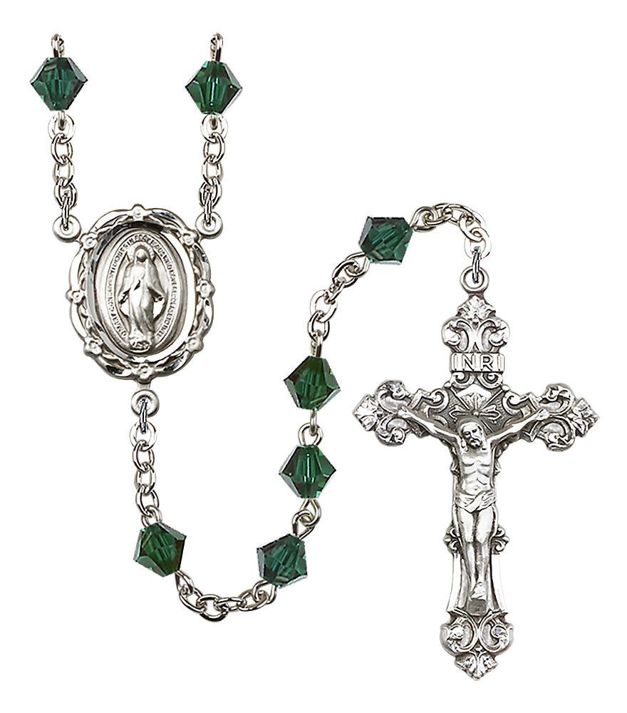 Rosary is Silver-Plated with 6mm bi-cone shaped beads, Austrian Crystal in Dark Green   Crucifix is  1 7/8-inch tall and 1 1/8-inch wide   Miraculous centerpiece is 7/8-inch tall and 5/8-inch wide Handmade in the USA