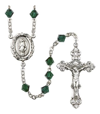 Rosary is Silver-Plated with 6mm bi-cone shaped beads, Austrian Crystal in Dark Green   Crucifix is  1 7/8-inch tall and 1 1/8-inch wide   Miraculous centerpiece is 7/8-inch tall and 5/8-inch wide Handmade in the USA