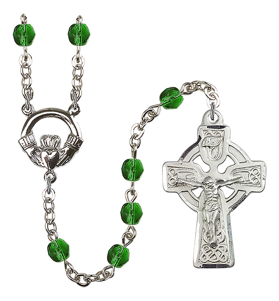 Rosary is Silver-Plated with 6mm Fire-Polished beads in Dark Green   Celtic crucifix is 1 3/8-inch tall and 7/8-inch wide   Claddagh centerpiece is 5/8-inch tall and 1/2-inch wide Handmade in the USA