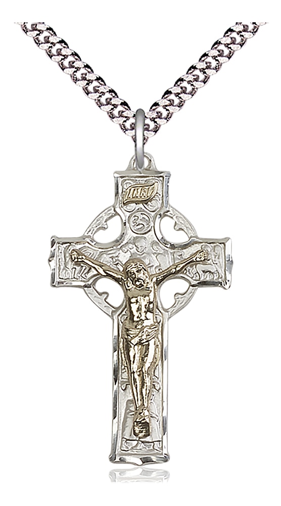 Two-Tone GF/SS Celtic Crucifix Pendant on an 24-inch Light Rhodium Heavy Curb Chain.  Handmade in the USA