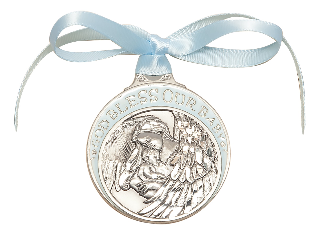 Pewter Baby w/Angel Crib Medal with Blue Ribbon.  Handmade in the USA