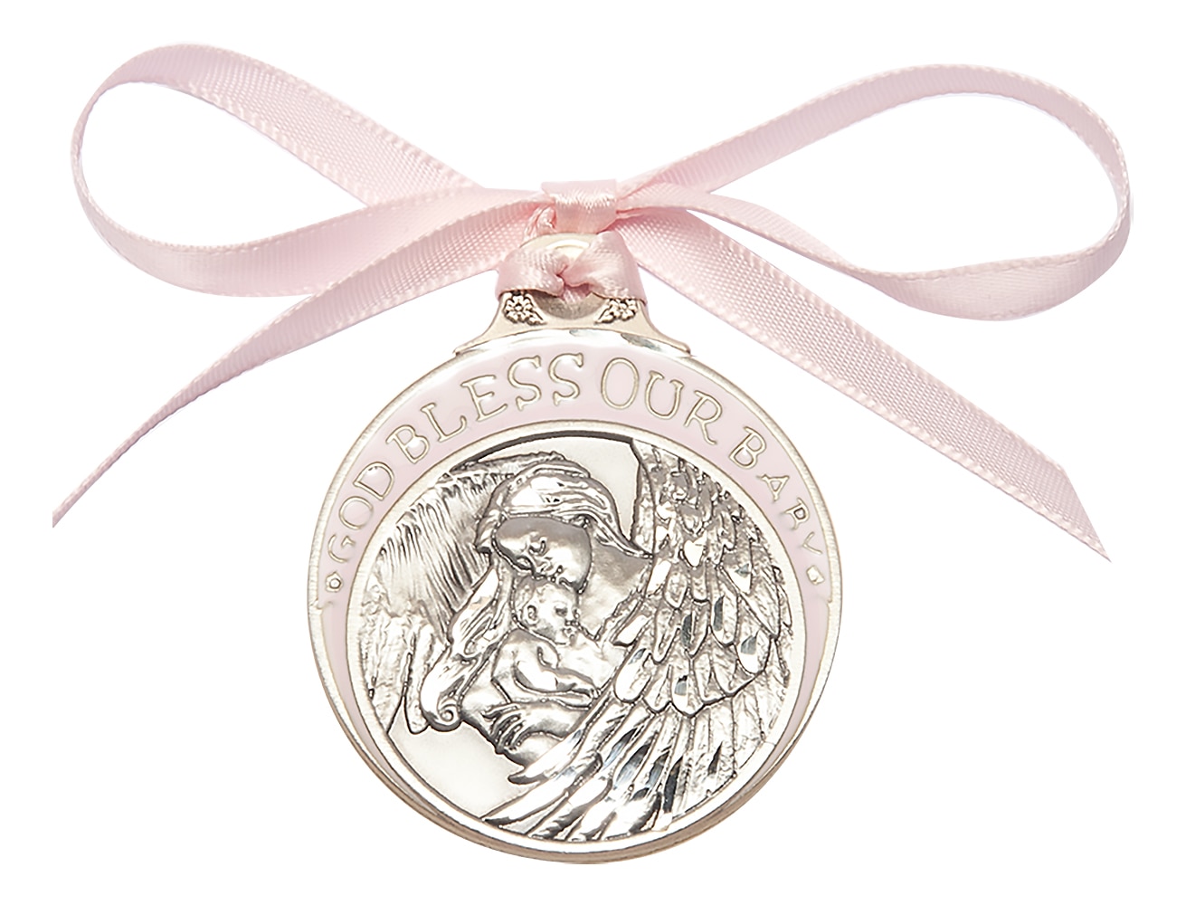 Pewter Baby w/Angel Crib Medal with Pink Ribbon.  Handmade in the USA