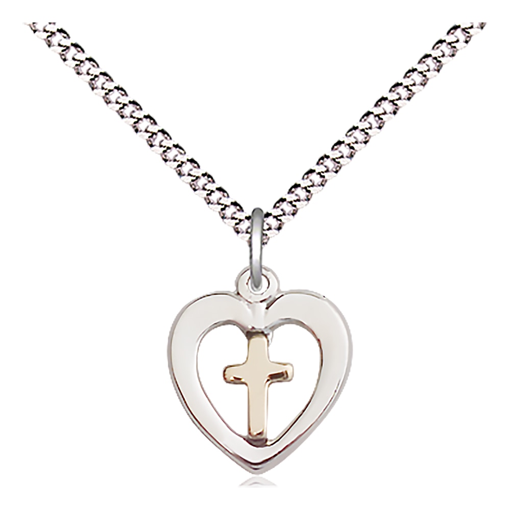 Two-Tone GF/SS Heart Cross Pendant on an 18-inch Light Rhodium Light Curb Chain.  Handmade in the USA