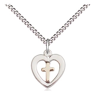 Two-Tone GF/SS Heart Cross Pendant on an 18-inch Light Rhodium Light Curb Chain.  Handmade in the USA