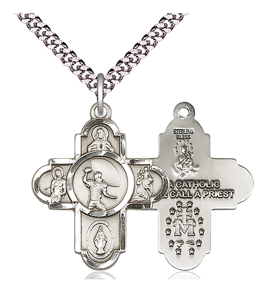 Sterling Silver 5-Way Football Pendant on an 24-inch Light Rhodium Heavy Curb Chain.  Handmade in the USA