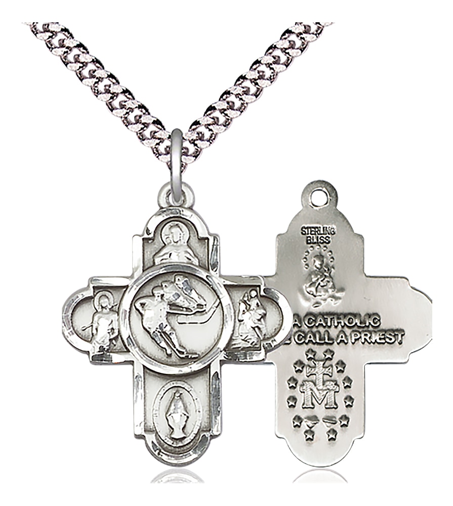 Sterling Silver 5-Way Ice Hockey Pendant on an 24-inch Light Rhodium Heavy Curb Chain.  Handmade in the USA
