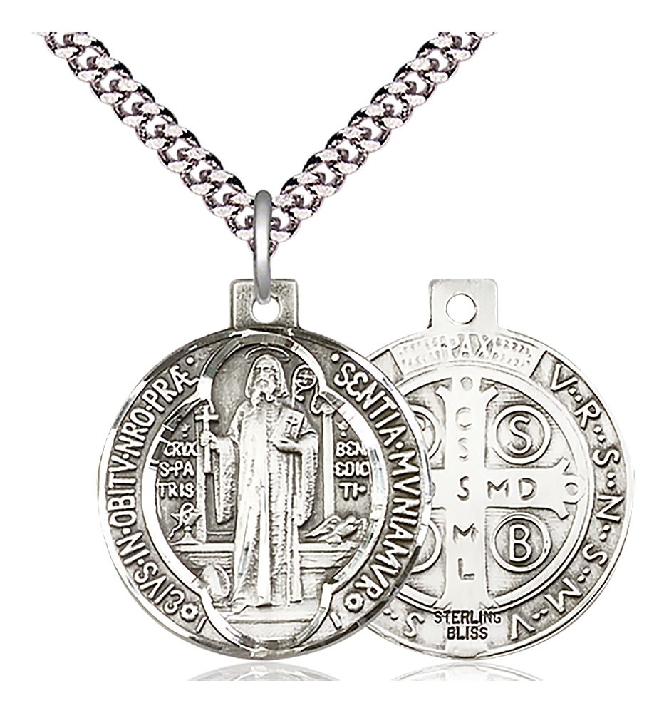 Sterling Silver Saint Benedict Pendant on an 24-inch Light Rhodium Heavy Curb Chain.  Handmade in the USA