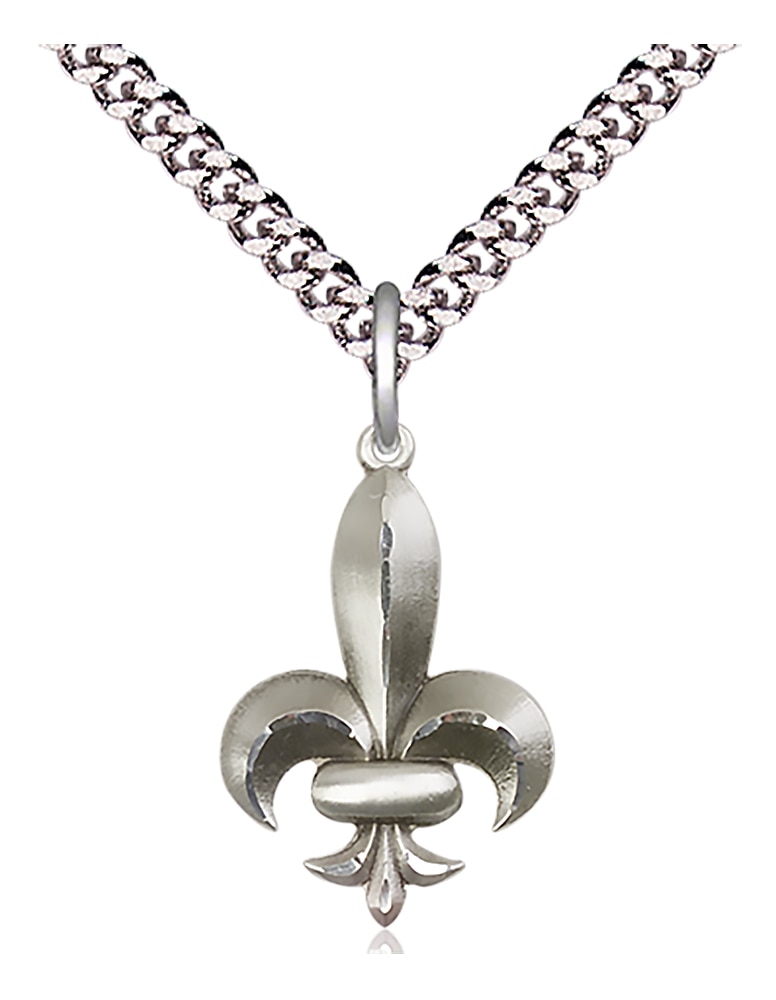 Sterling Silver Fleur de Lis Pendant on an 24-inch Light Rhodium Heavy Curb Chain.  Handmade in the USA