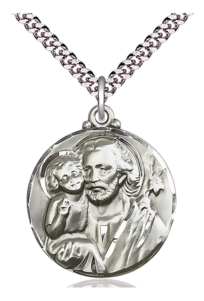 Sterling Silver Saint Joseph Pendant on an 24-inch Light Rhodium Heavy Curb Chain.  Handmade in the USA