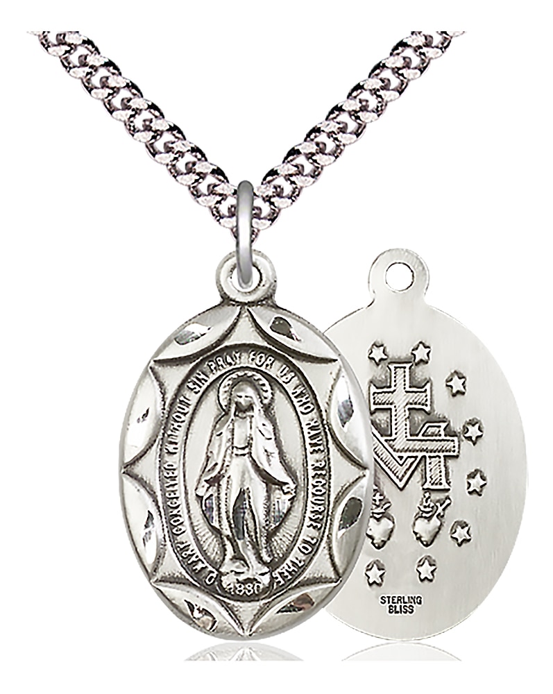 Sterling Silver Miraculous Pendant on an 24-inch Light Rhodium Heavy Curb Chain.  Handmade in the USA