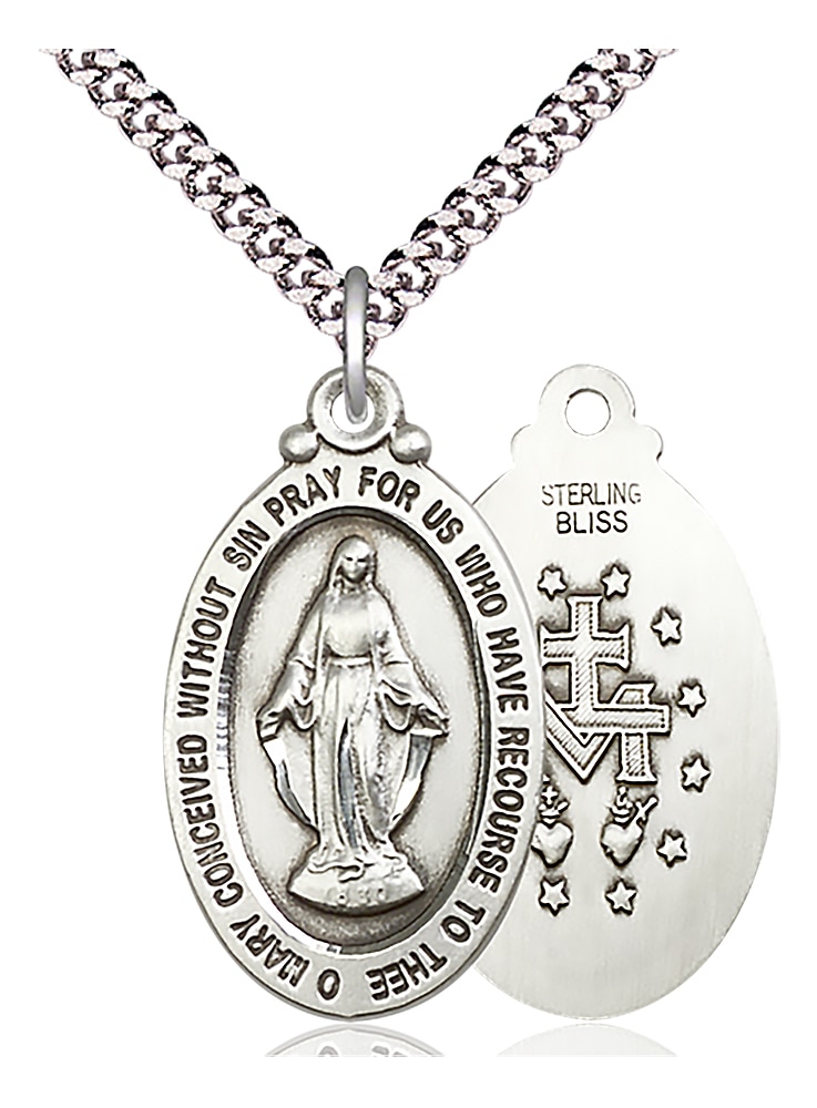 Sterling Silver Miraculous Pendant on an 24-inch Light Rhodium Heavy Curb Chain.  Handmade in the USA