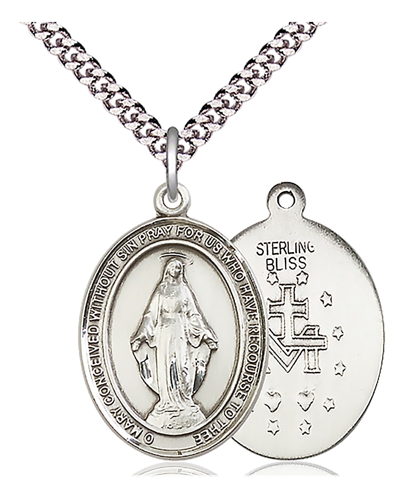 Sterling Silver Miraculous Pendant on an 24-inch Light Rhodium Heavy Curb Chain.  Handmade in the USA