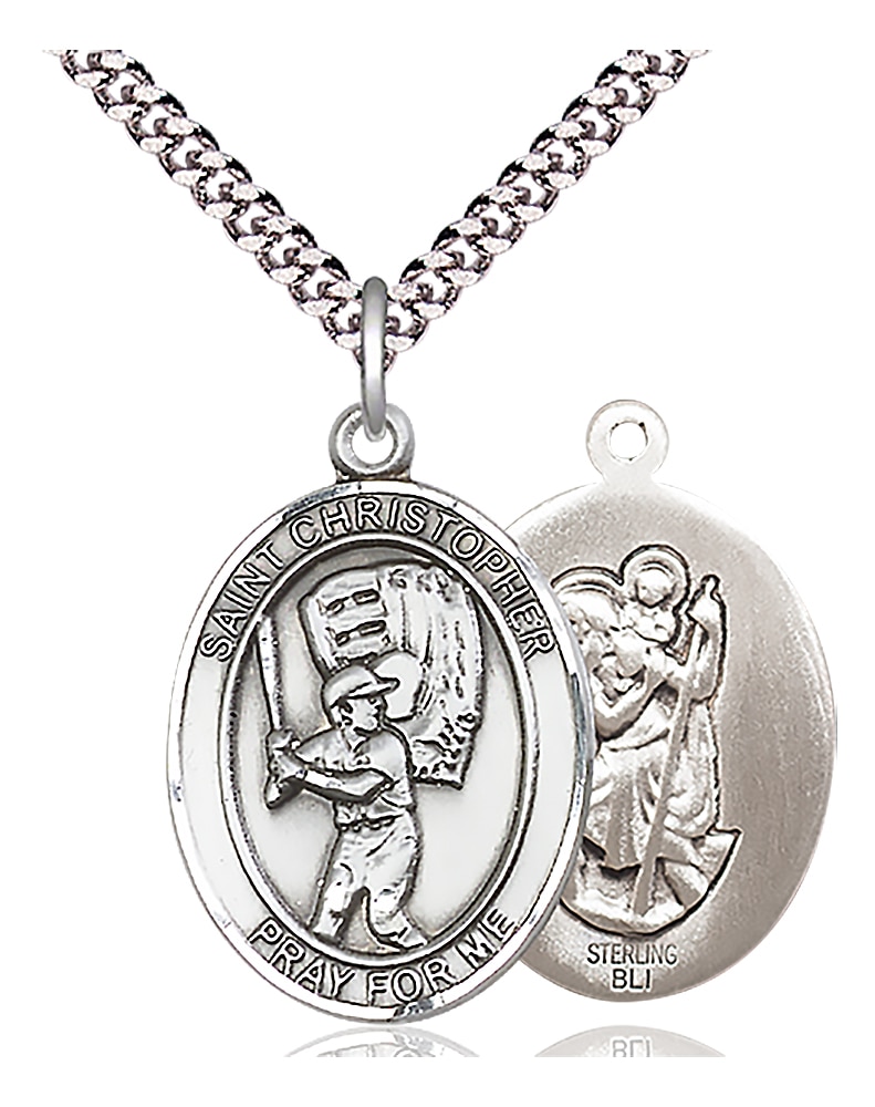 Sterling Silver Saint Christopher Baseball Pendant on an 24-inch Light Rhodium Heavy Curb Chain.  Handmade in the USA