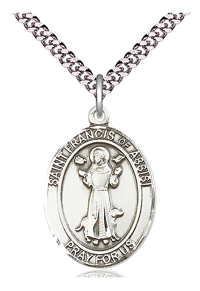 Sterling Silver Saint Francis of Assisi Pendant on an 24-inch Light Rhodium Heavy Curb Chain.  Handmade in the USA