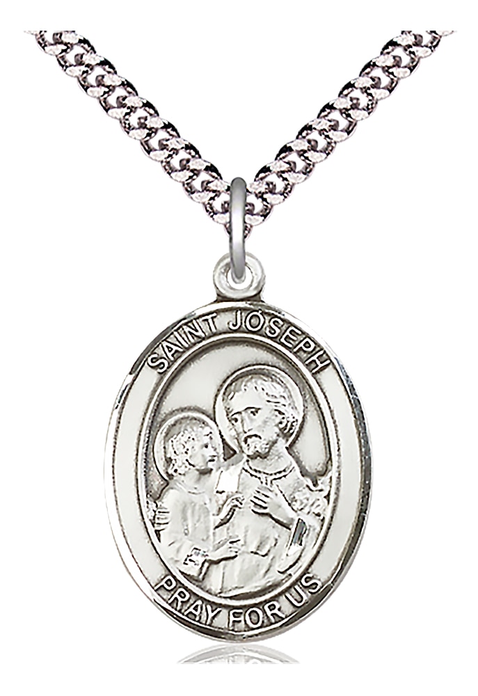 Sterling Silver Saint Joseph Pendant on an 24-inch Light Rhodium Heavy Curb Chain.  Handmade in the USA