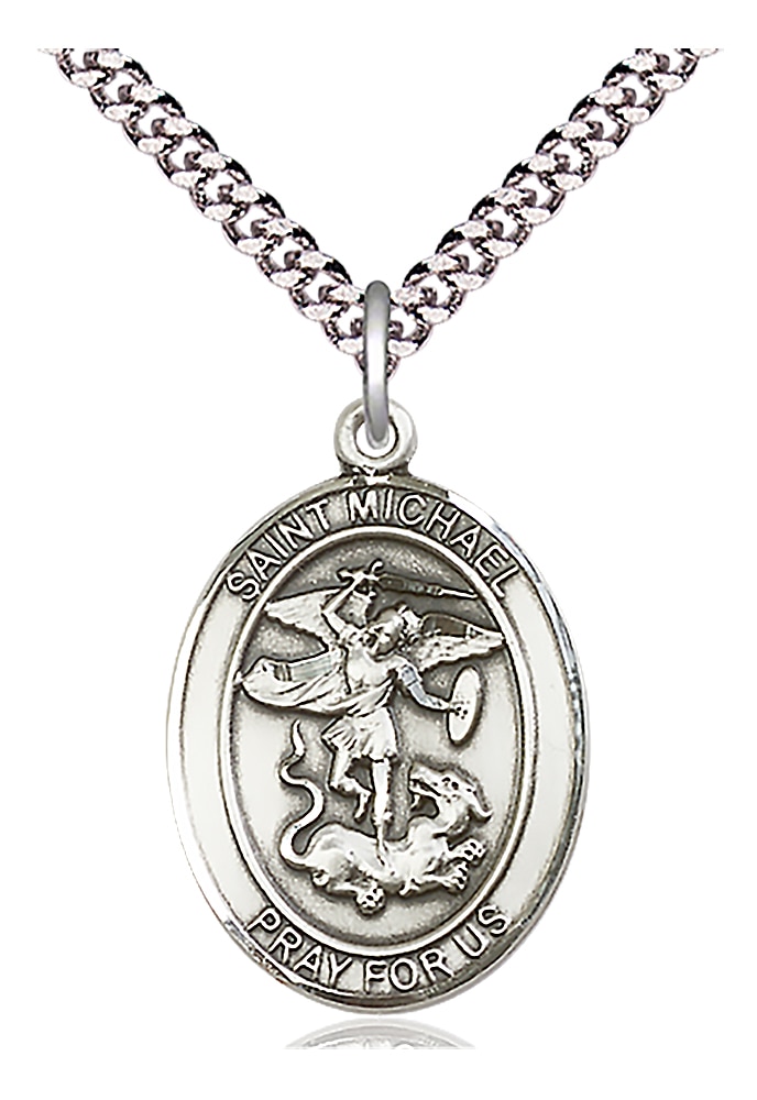 Sterling Silver Saint Michael the Archangel Pendant on an 24-inch Light Rhodium Heavy Curb Chain.  Handmade in the USA