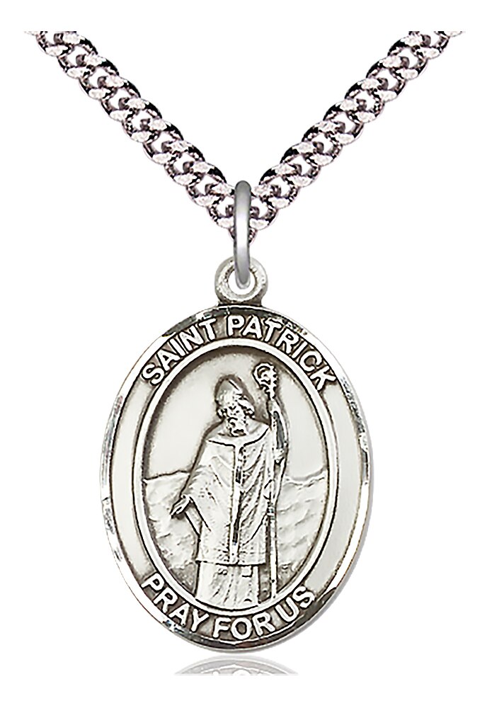 Sterling Silver Saint Patrick Pendant on an 24-inch Light Rhodium Heavy Curb Chain.  Handmade in the USA