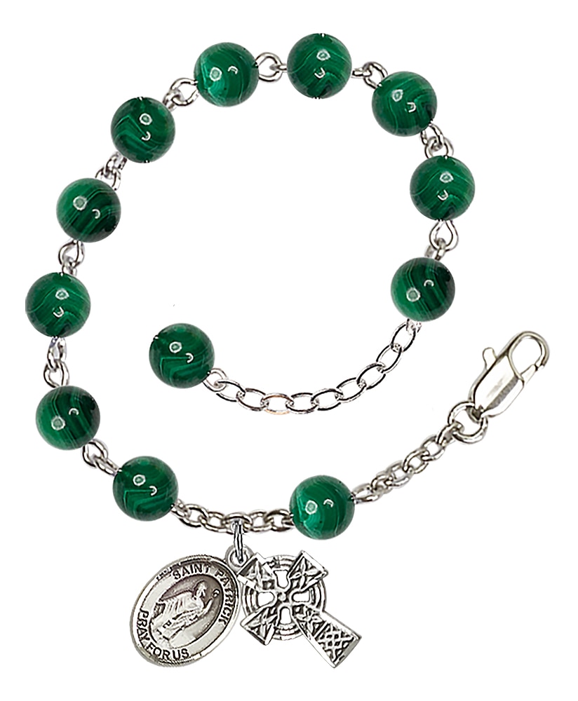 Rosary bracelet is Silver-Plated and can be adjusted between 7 1/2 and 8 1/2-inches   Beads are 6mm Malachite   Celtic cross is 1/2-inch tall by 3/8-inch wide   St. Patrick charm is 1/2-inch tall by 1/4-inch wide Handmade in the USA