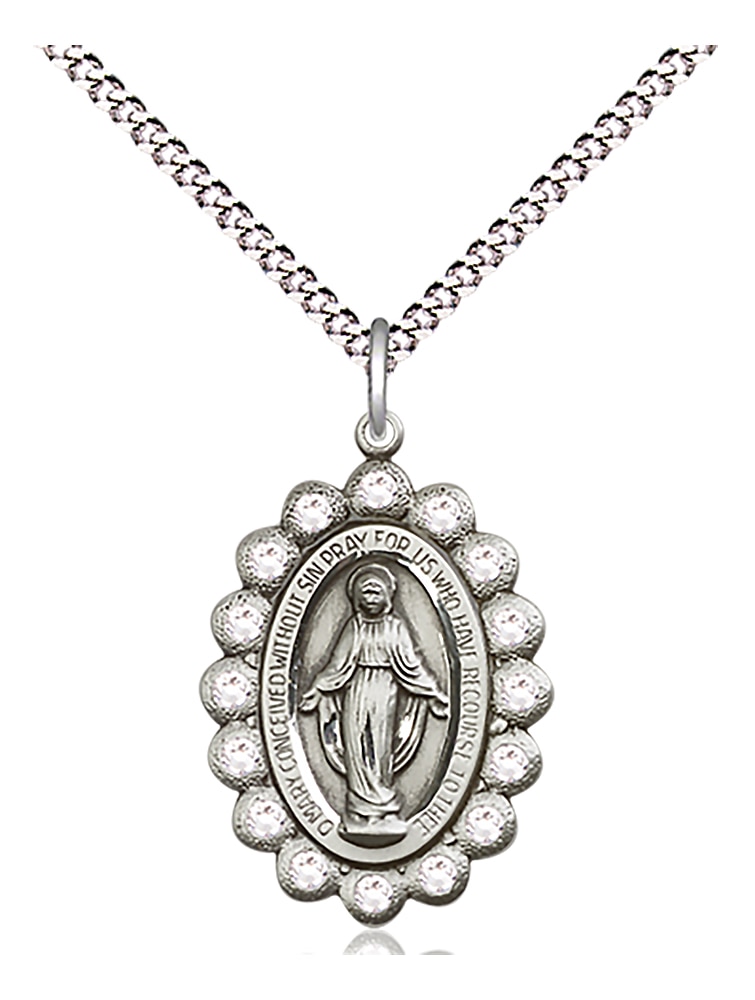 Miraculous Medal with 16 Crystal Stones  Medal Measures 7/8-inch tall by 1/2-inch wide  Chain is 18 Inches in length Light Rhodium Light Curb Chain with Lobster Claw Clasp Handmade in the USA