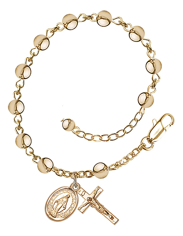 Rosary bracelet is Gold-Plated and can be adjusted between 7 1/2 and 8 1/2-inches   Beads are 6mm round   Crucifix is 5/8-inch tall by 1/4-inch wide   Miraculous Medal is 1/2-inch tall by 1/4-inch wide Handmade in the USA