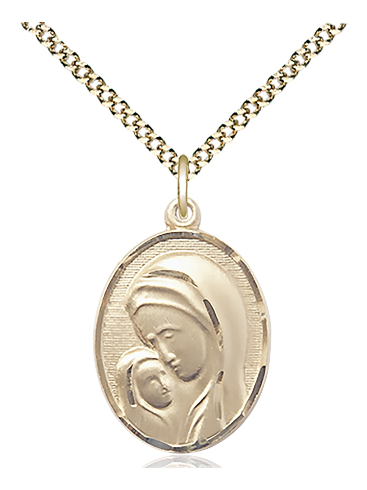 14kt Gold Filled Madonna & Child Pendant on an 18-inch Gold Plate Light Curb Chain.  Handmade in the USA