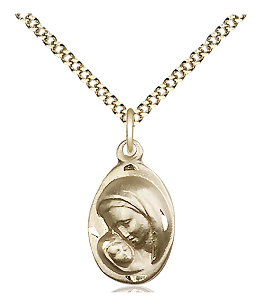 14kt Gold Filled Madonna & Child Pendant on an 18-inch Gold Plate Light Curb .  Handmade in the USA