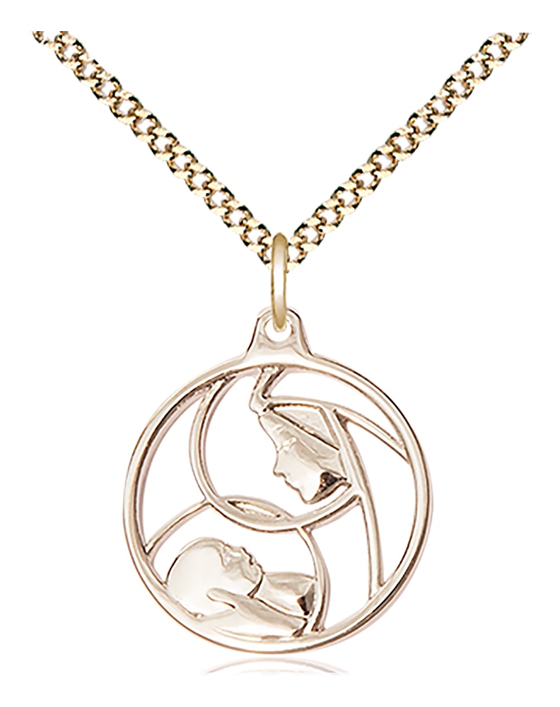 14kt Gold Filled Madonna & Child Pendant on an 18-inch Gold Plate Light Curb Chain.  Handmade in the USA