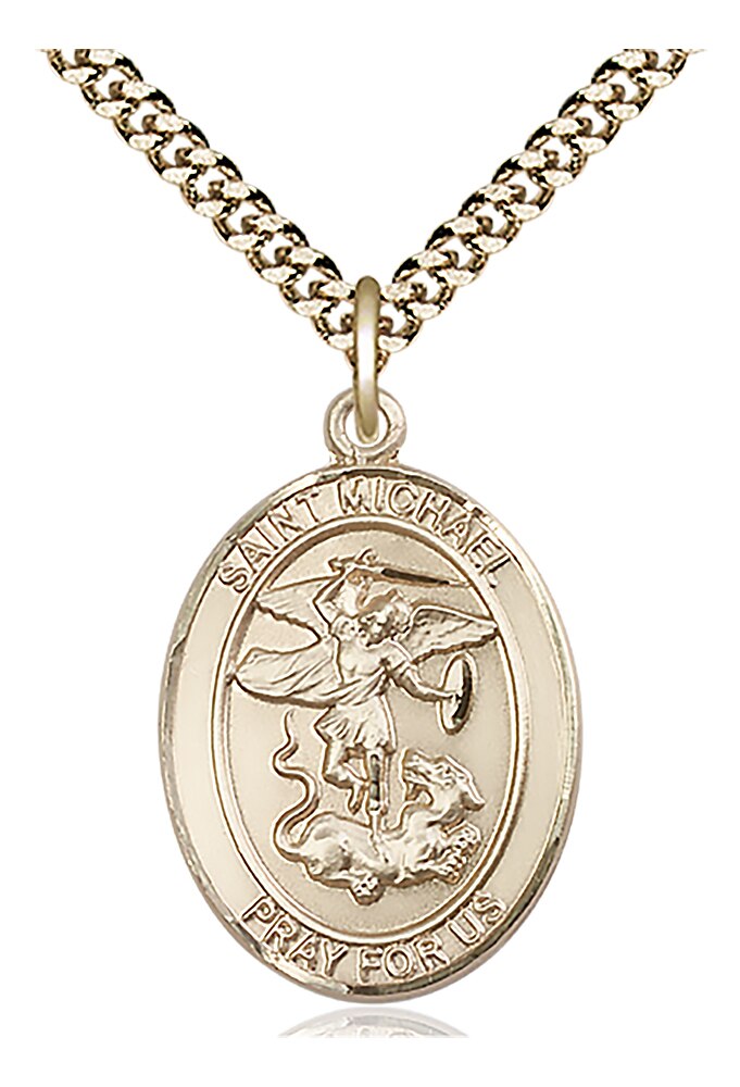 14kt Gold Filled Saint Michael the Archangel Pendant on an 24-inch Gold Plate Heavy Curb Chain.  Handmade in the USA