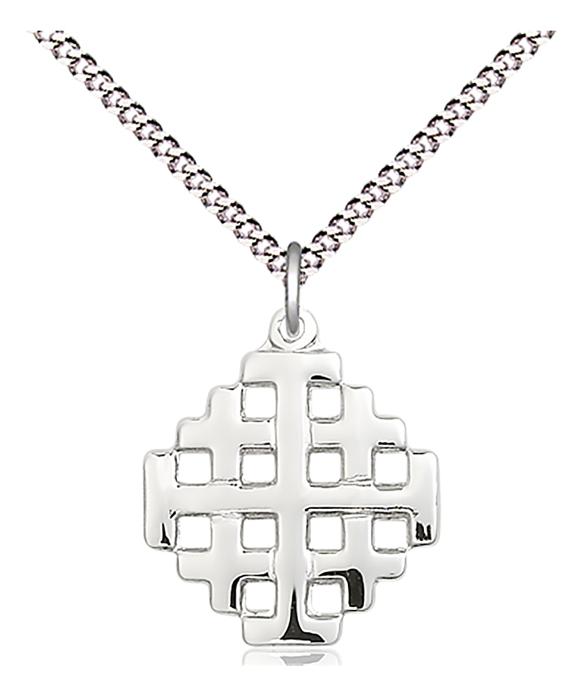 Sterling Silver Jerusalem Cross Pendant on an 18-inch Light Rhodium Light Curb Chain.  Handmade in the USA