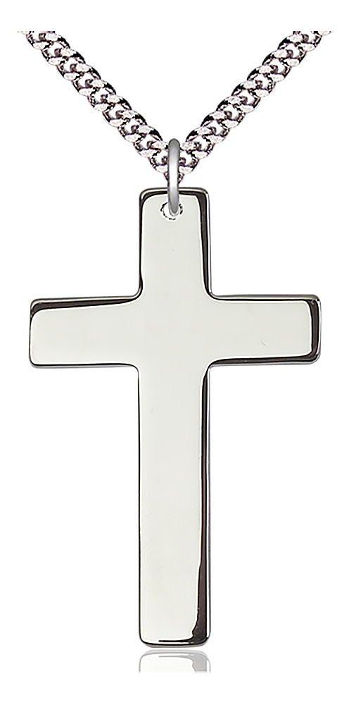 Sterling Silver Cross Pendant on an 24-inch Light Rhodium Heavy Curb Chain.  Handmade in the USA