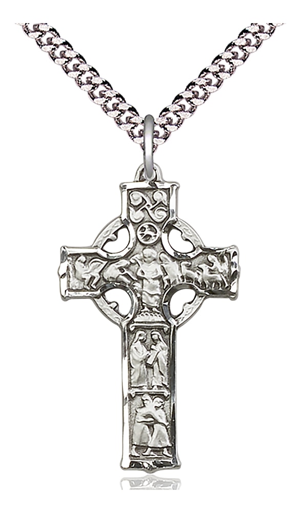 Sterling Silver Celtic Cross Pendant on an 24-inch Light Rhodium Heavy Curb Chain.  Handmade in the USA