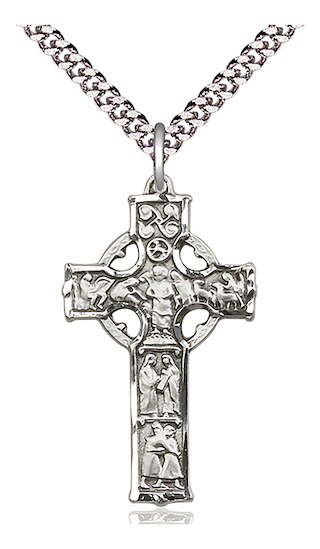 Sterling Silver Celtic Cross Pendant on an 24-inch Light Rhodium Heavy Curb Chain.  Handmade in the USA
