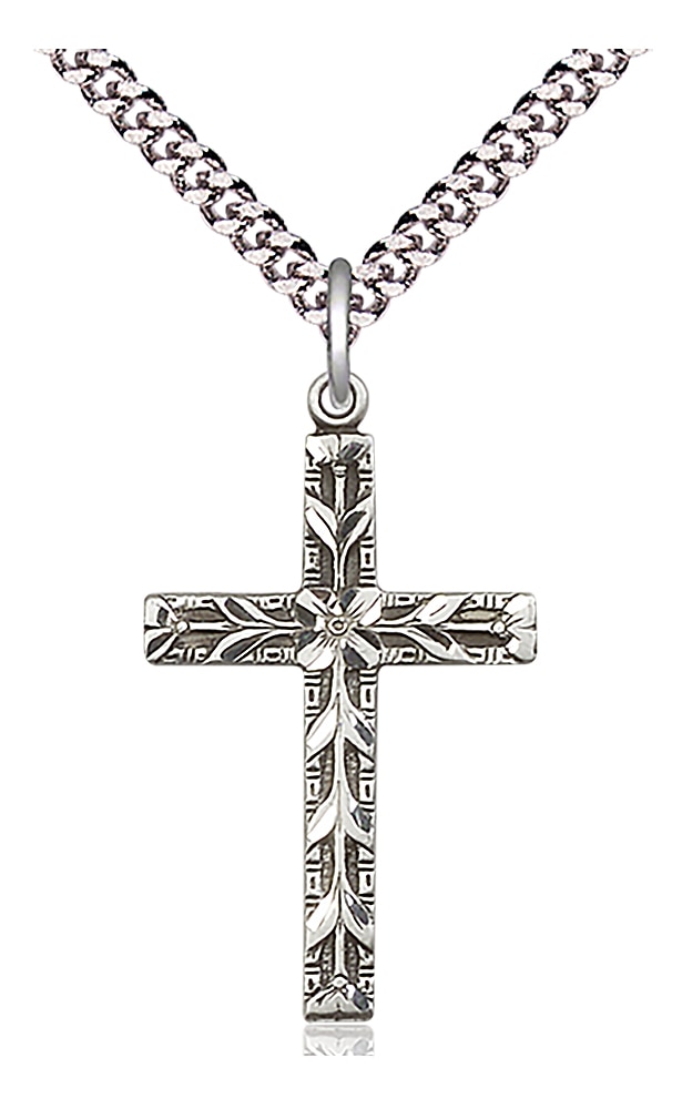 Sterling Silver Cross Pendant on an 24-inch Light Rhodium Heavy Curb Chain.  Handmade in the USA