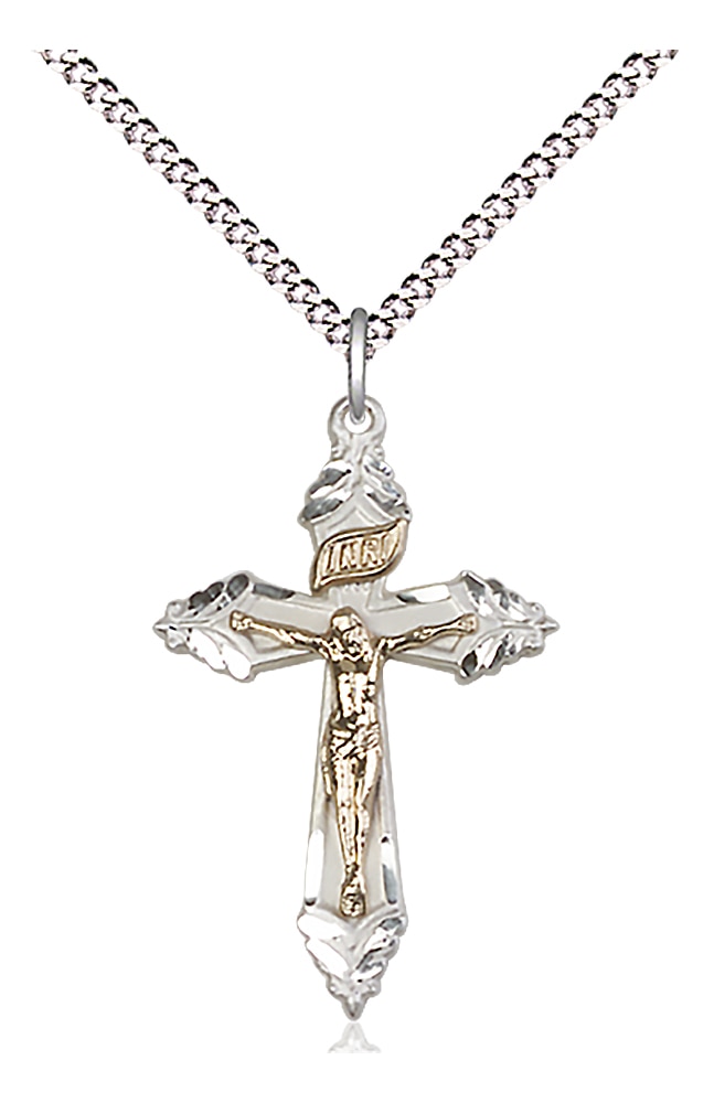 Two-Tone GF/SS Crucifix Pendant on an 18-inch Light Rhodium Light Curb Chain.  Handmade in the USA