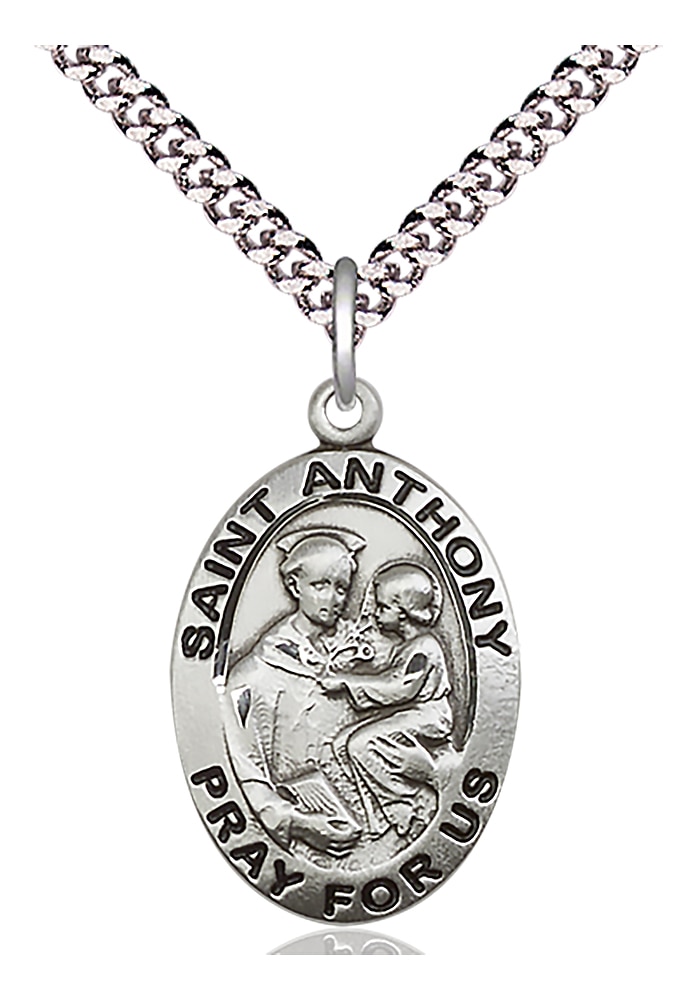 Sterling Silver Saint Anthony of Padua Pendant on an 24-inch Light Rhodium Heavy Curb Chain.  Handmade in the USA