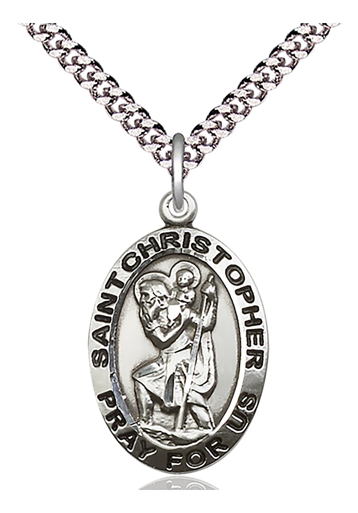 Sterling Silver Saint Christopher Pendant on an 24-inch Light Rhodium Heavy Curb Chain.  Handmade in the USA