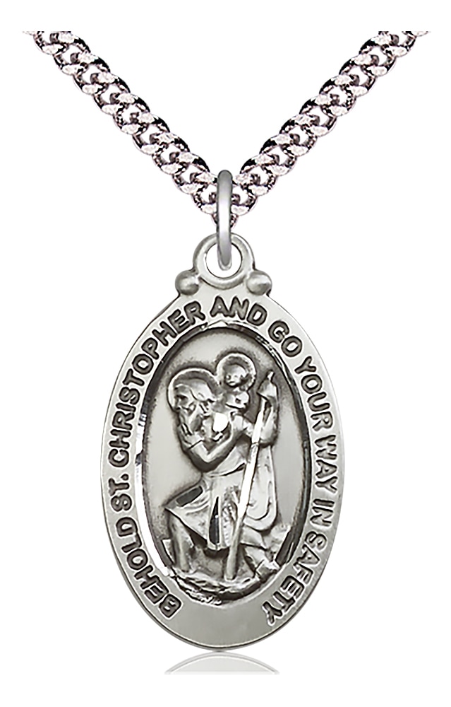 Sterling Silver Saint Christopher Pendant on an 24-inch Light Rhodium Heavy Curb Chain.  Handmade in the USA