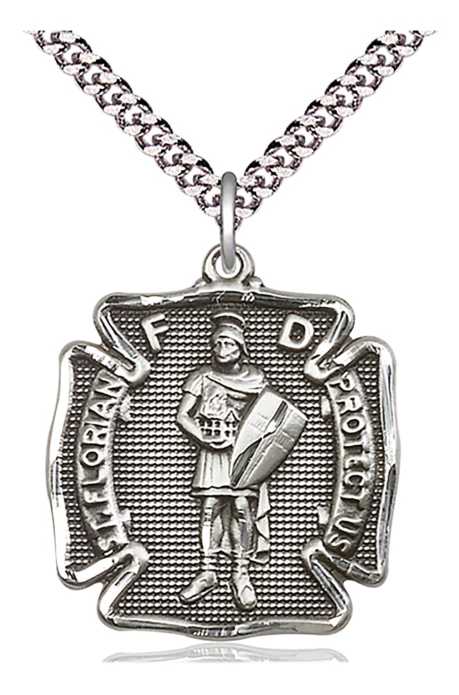 Sterling Silver Saint Florian Pendant on an 24-inch Light Rhodium Heavy Curb Chain.  Handmade in the USA