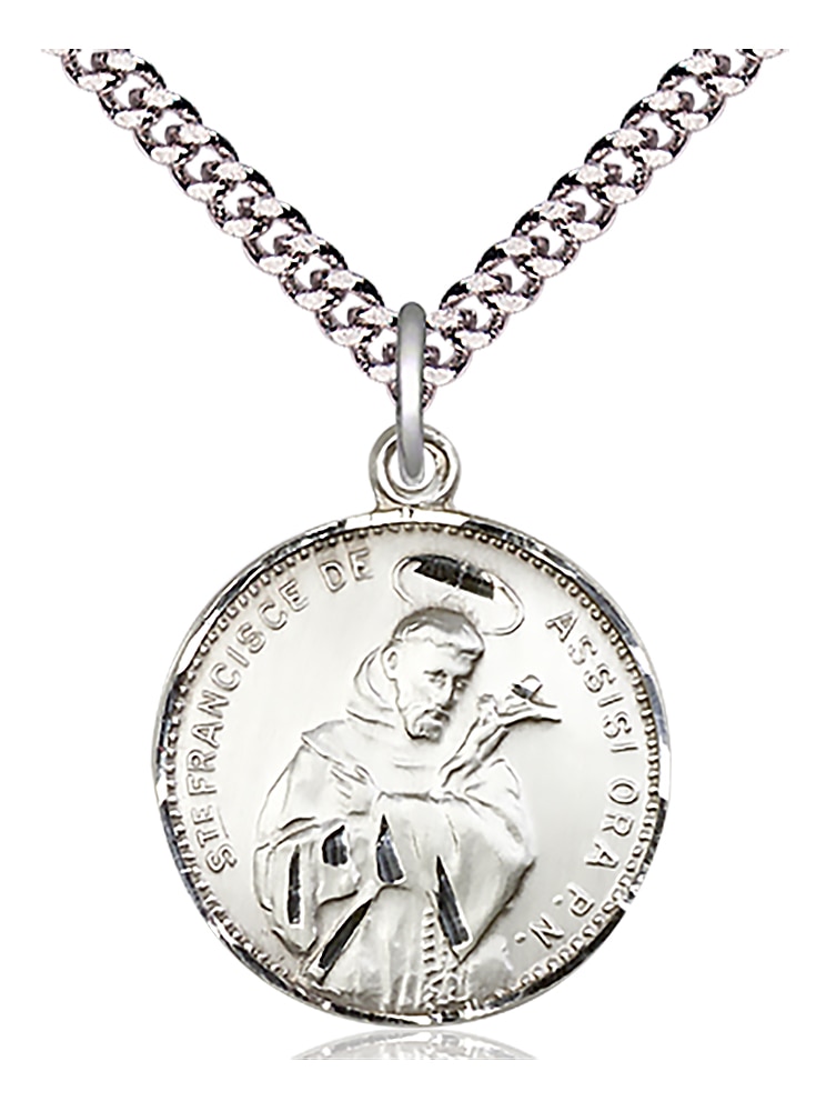 Sterling Silver Saint Francis of Assisi Pendant on an 24-inch Light Rhodium Heavy Curb Chain.  Handmade in the USA