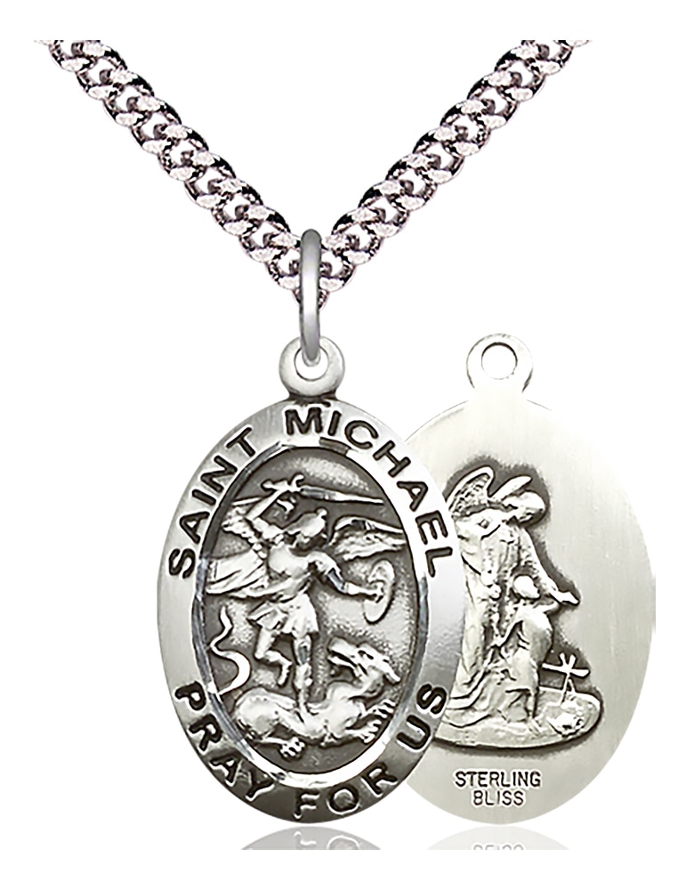 Sterling Silver Saint Michael the Archangel Pendant on an 24-inch Light Rhodium Heavy Curb Chain.  Handmade in the USA