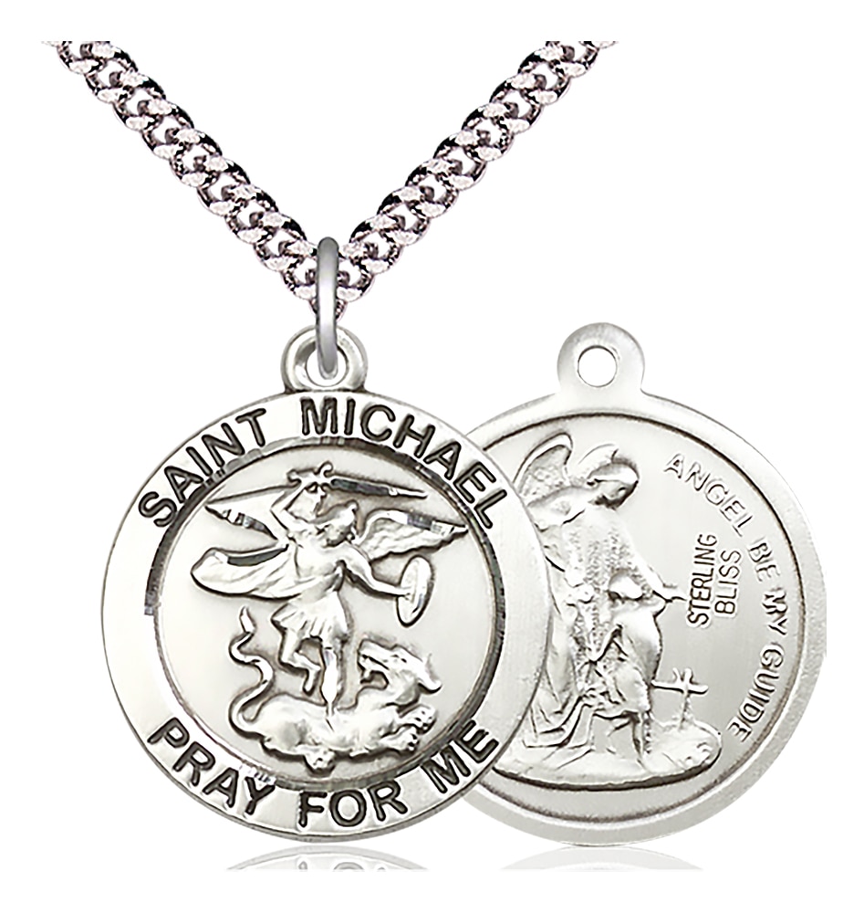 Sterling Silver Saint Michael the Archangel Pendant on an 24-inch Light Rhodium Heavy Curb Chain.  Handmade in the USA